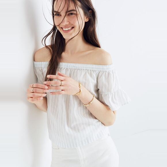 Madewell Striped Off-the-Shoulder Ruffle-Sleeve Top Sea Glass size Small - Picture 2 of 11